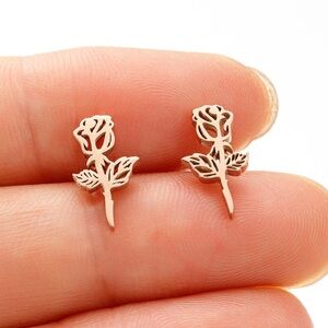 Rose Flower Outline Rose Gold Toned Stud Earrings